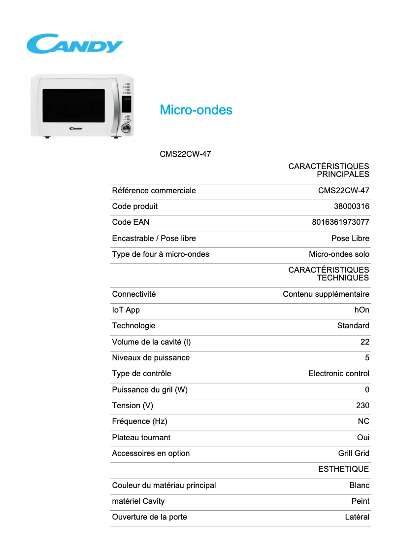 Page 1 of the manual Technical Sheet Candy CMS22CW-47