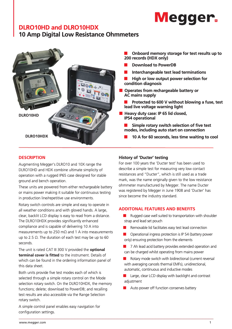 Page 1 de la notice Fiche technique Megger DLRO10HDX