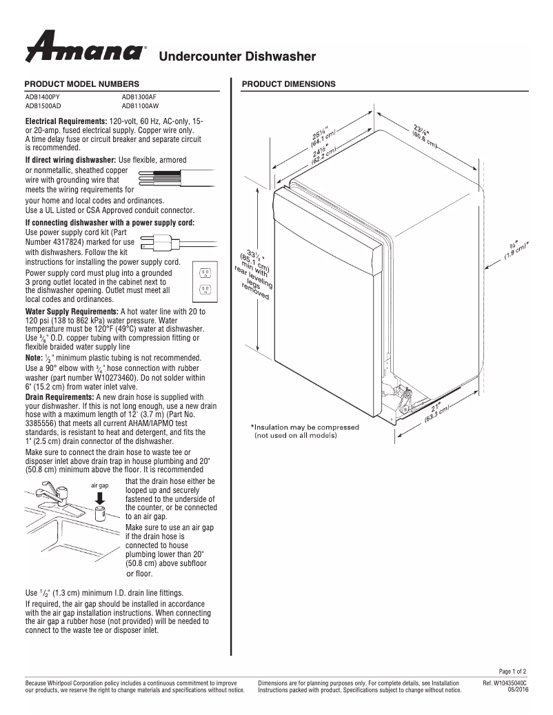 Page n°1 - Fiche technique Amana ADB1500AD