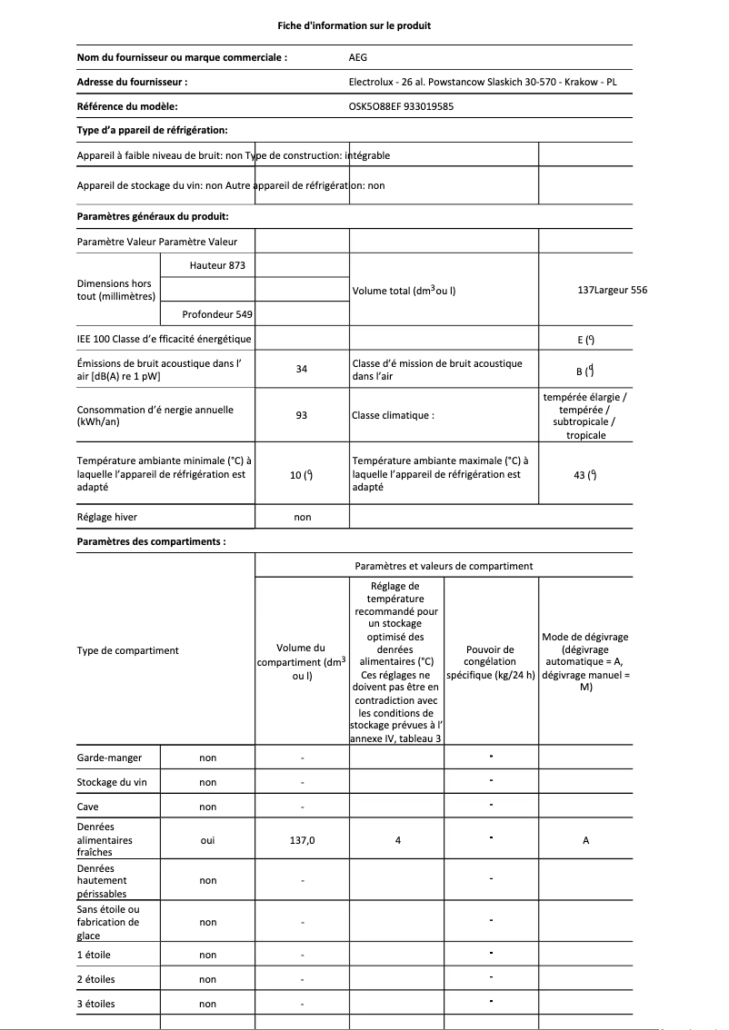 Page 1 de la notice Fiche technique AEG OSK5O88EF