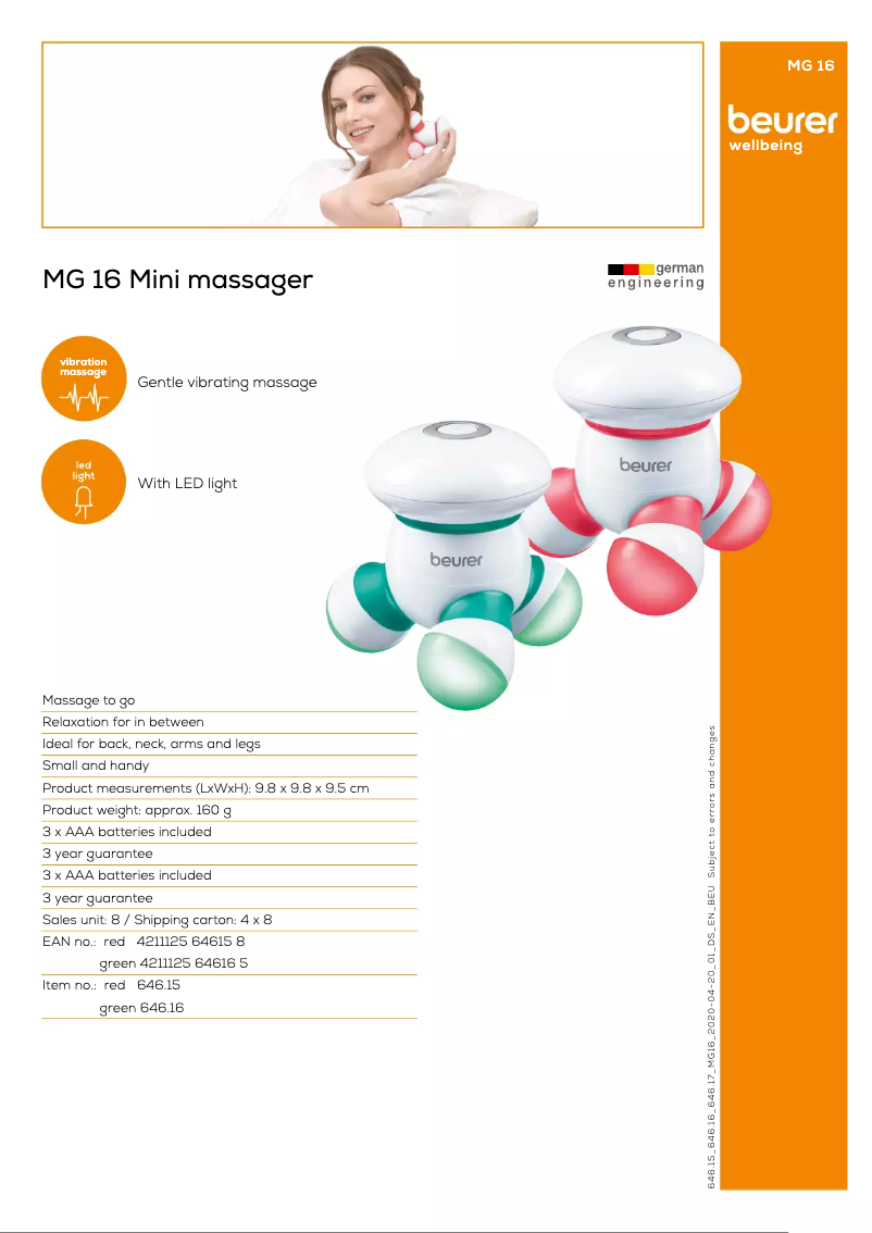 Page 1 de la notice Fiche technique Beurer MG 16