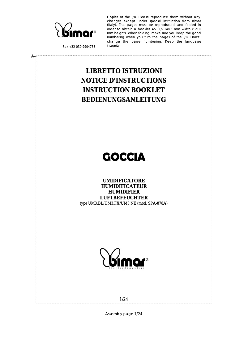 Page 1 de la notice Manuel utilisateur Bimar UM3.BI