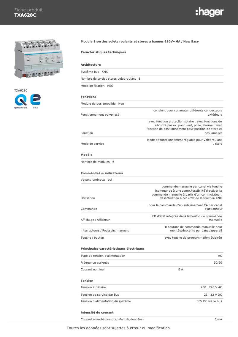 Page 1 de la notice Fiche technique Hager TXA628C