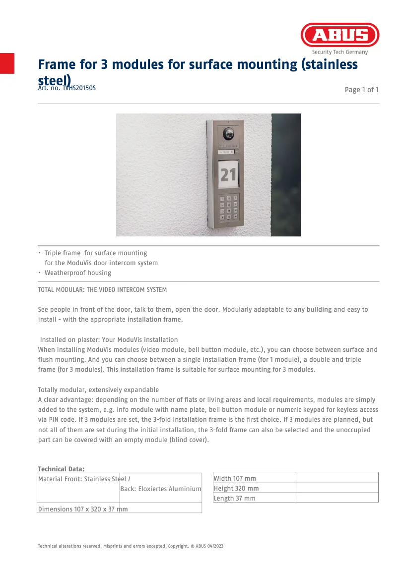 Page n°1 - Fiche technique Abus TVHS20150S