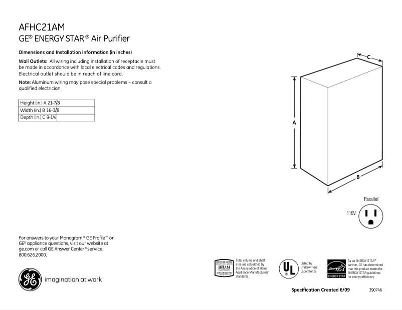 Page 1 de la notice Fiche technique GE AFHC21AM