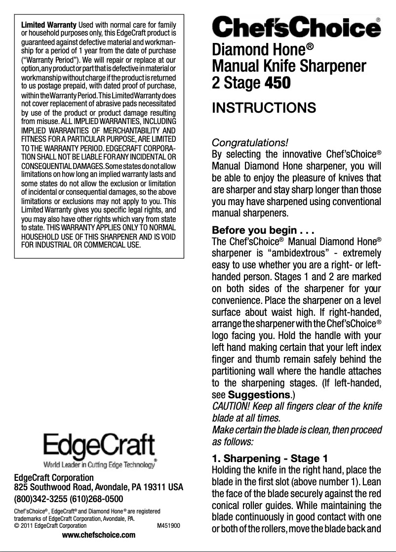 Page 1 de la notice Manuel utilisateur Chef's Choice Manual 450