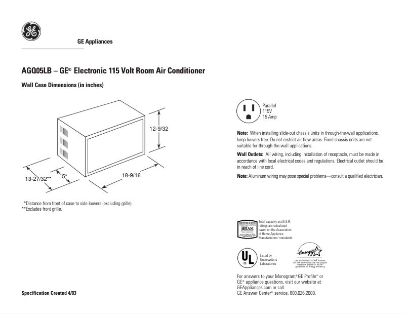 Page 1 of the manual Technical Sheet GE AGQ05LB