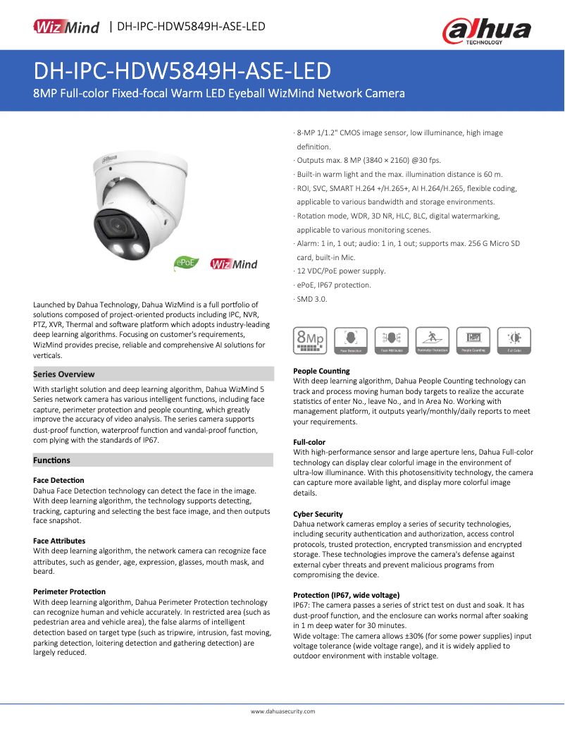 Page n°1 - Fiche technique Dahua Technology IPC-HDW5849H-ASE-LED