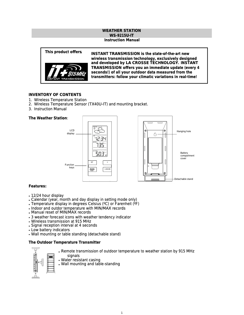 Page n°1 - Mode d'emploi La Crosse Technology WS-9215U-IT