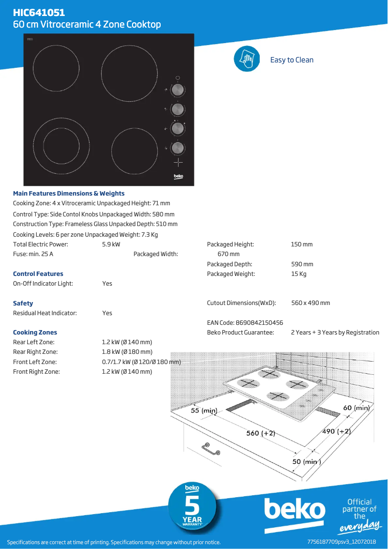 Page 1 de la notice Fiche technique Beko HIC641051