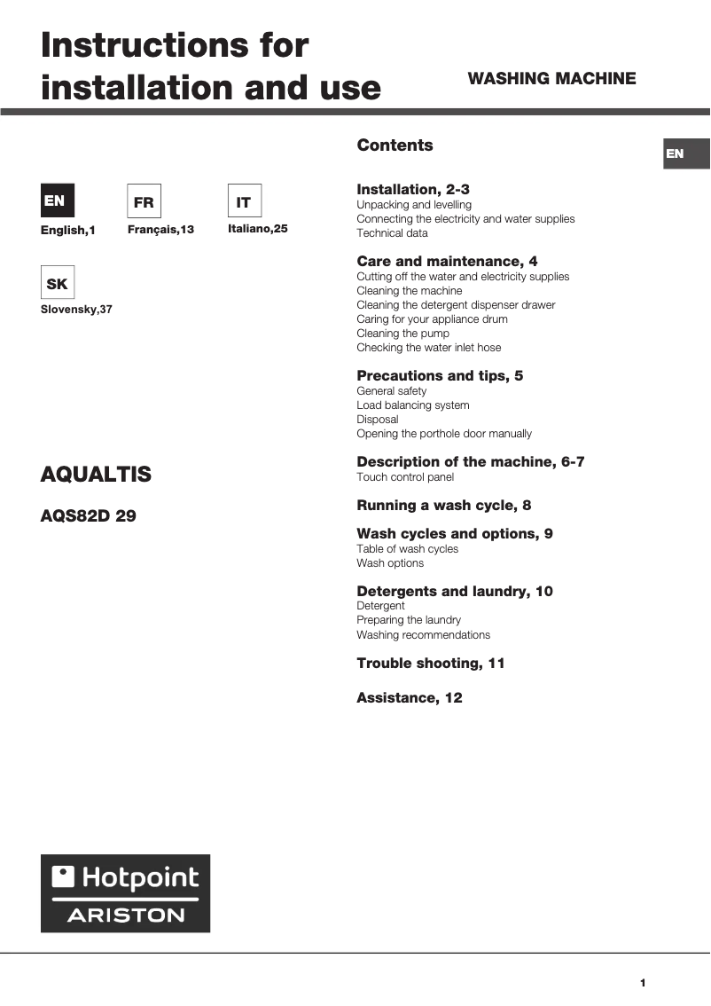 Page n°1 - Manuel utilisateur Hotpoint Ariston Aqualtis AQS82D 29