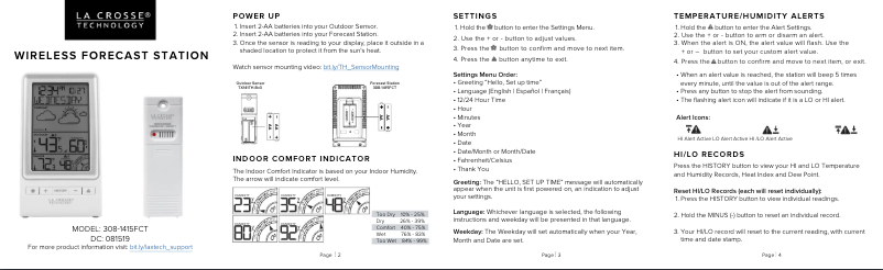 Page n°1 - Guide de démarrage rapide La Crosse Technology 308-1415FCT