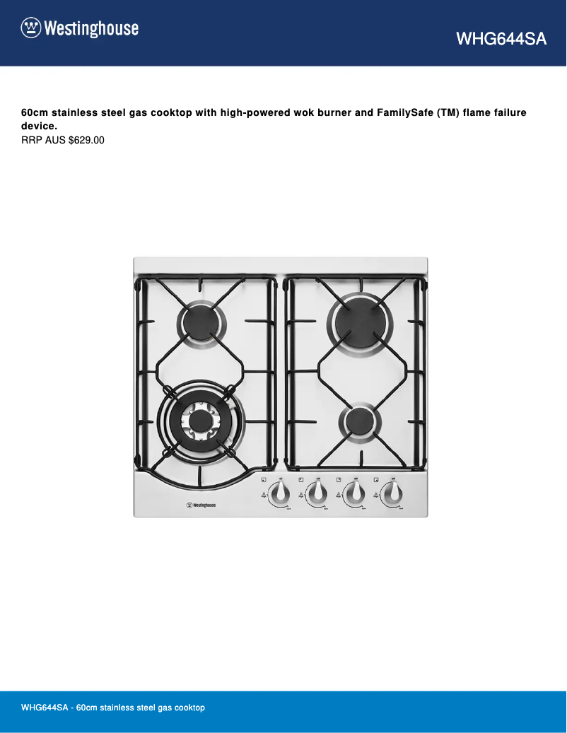 Page 1 de la notice Fiche technique Westinghouse WVE615S