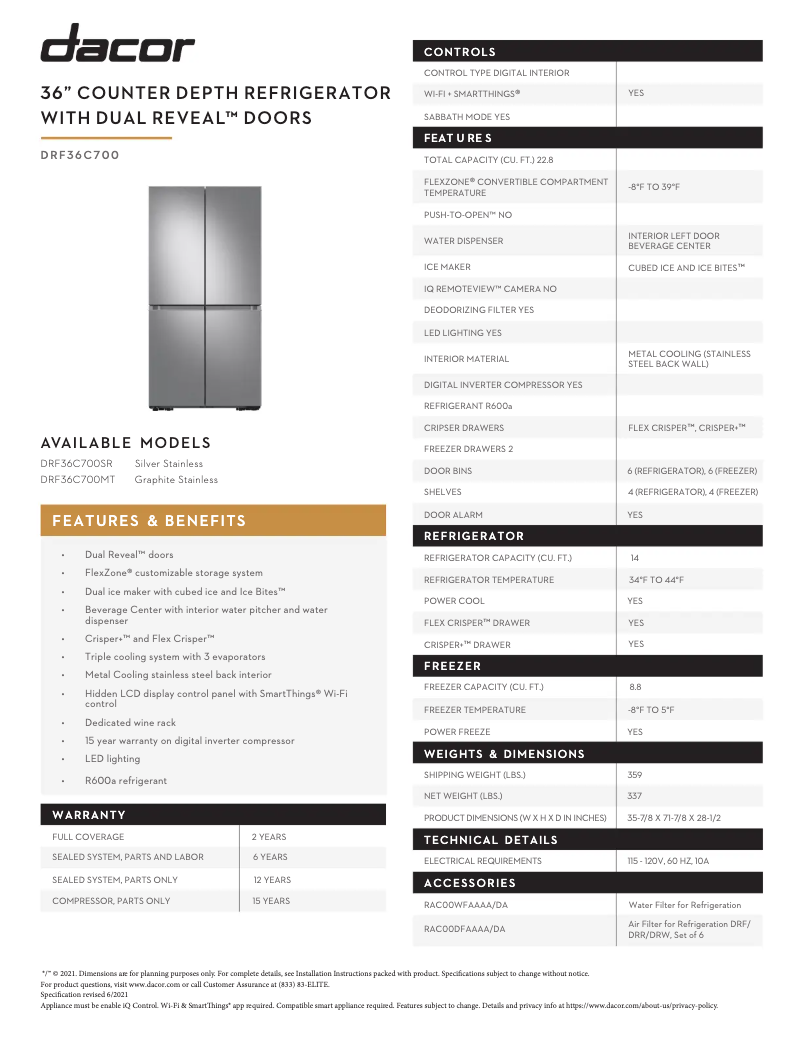 Page n°1 - Fiche technique Dacor DRF36C700SR
