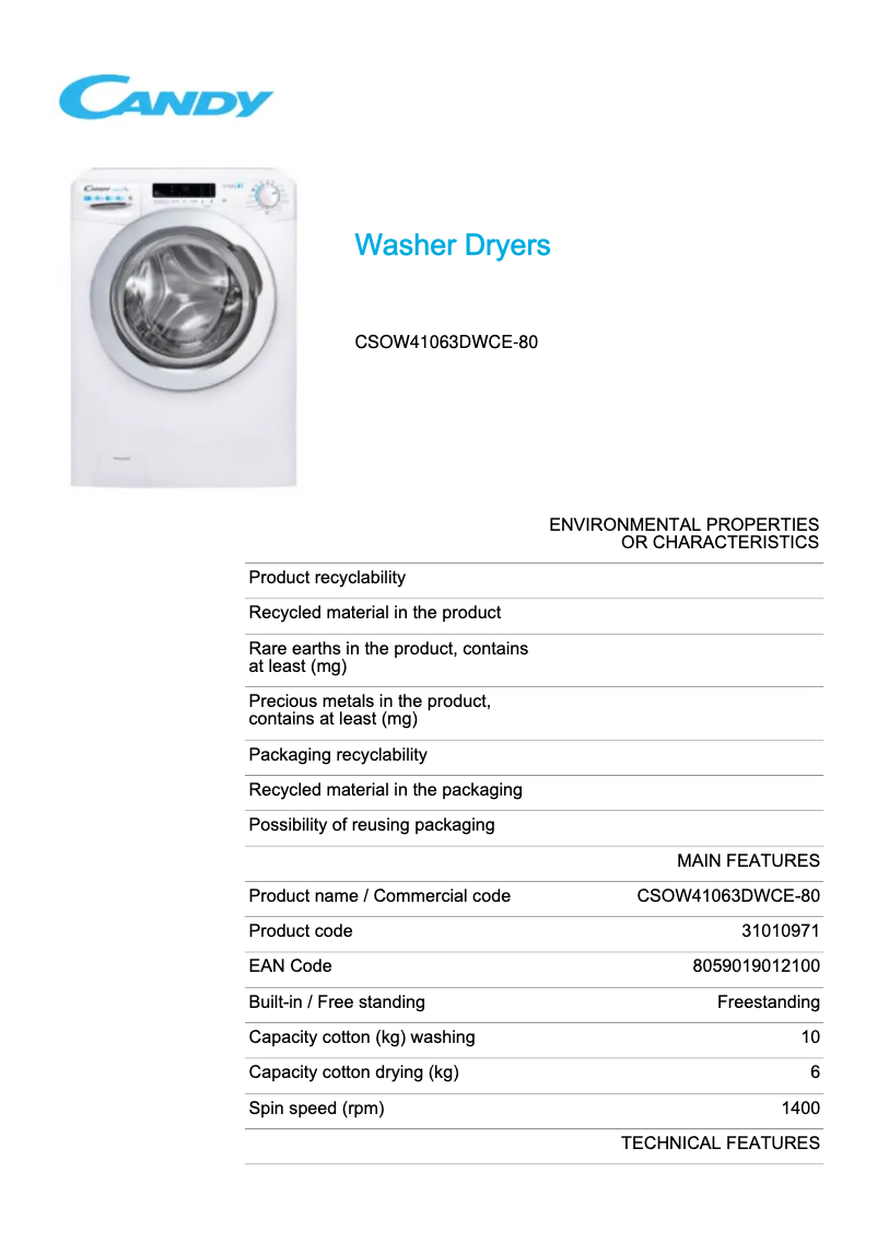 Page 1 de la notice Fiche technique Candy CSOW41063DWCE-80