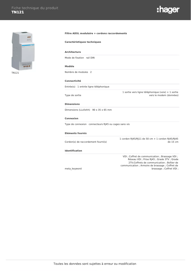 Page n°1 - Fiche technique Hager TN121