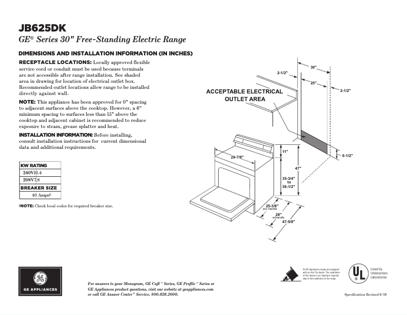 Page n°1 - Fiche technique GE JB625DKWW