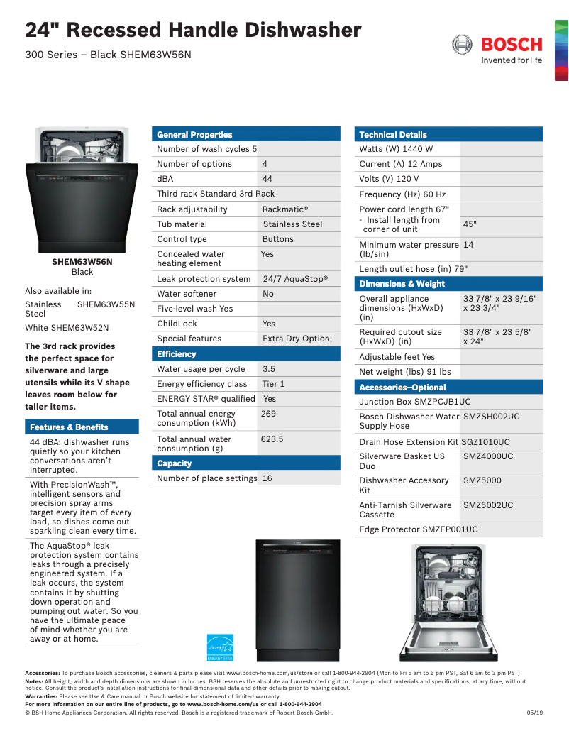 Page n°1 - Fiche technique Bosch SHEM63W56N