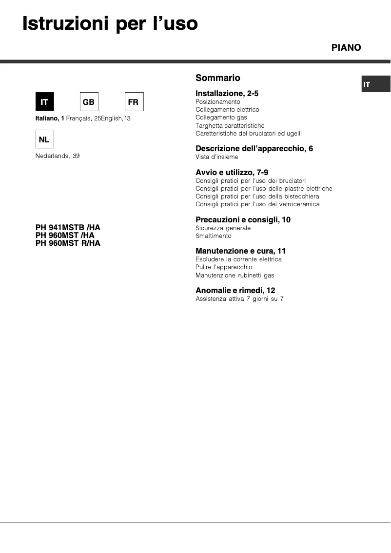 Page 1 de la notice Manuel utilisateur Hotpoint Ariston PH 960MST (IX)/HA