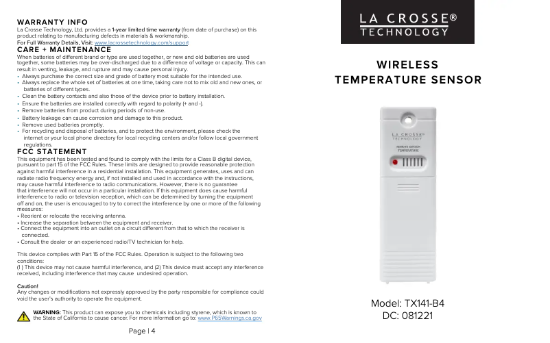 Page 1 de la notice Manuel utilisateur La Crosse Technology TX141-BV4