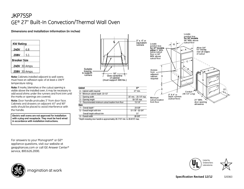 Page 1 de la notice Fiche technique GE JKP75SPSS