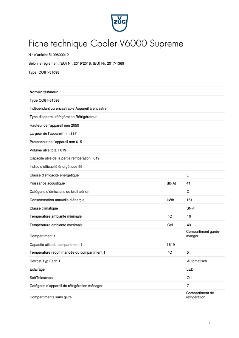 Page 1 de la notice Fiche technique V-Zug Cooler V6000 Supreme