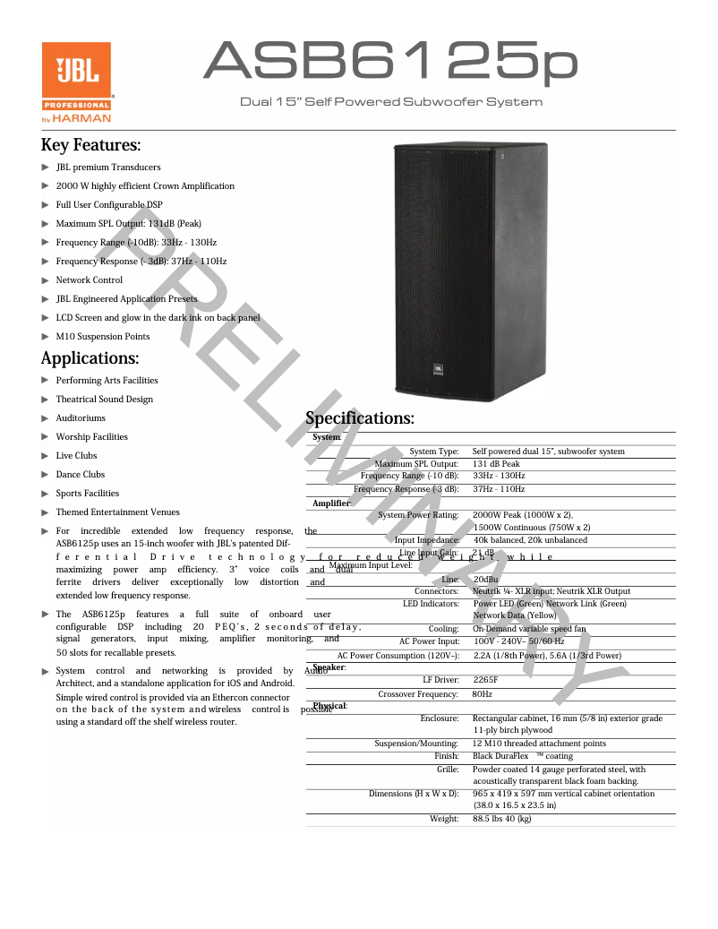 Page 1 de la notice Fiche technique JBL ASB6125