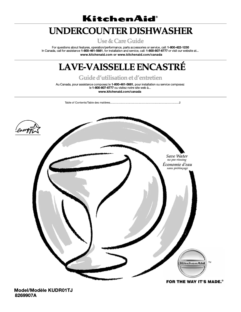 Page 1 de la notice Manuel utilisateur KitchenAid KUDR01TJWH1