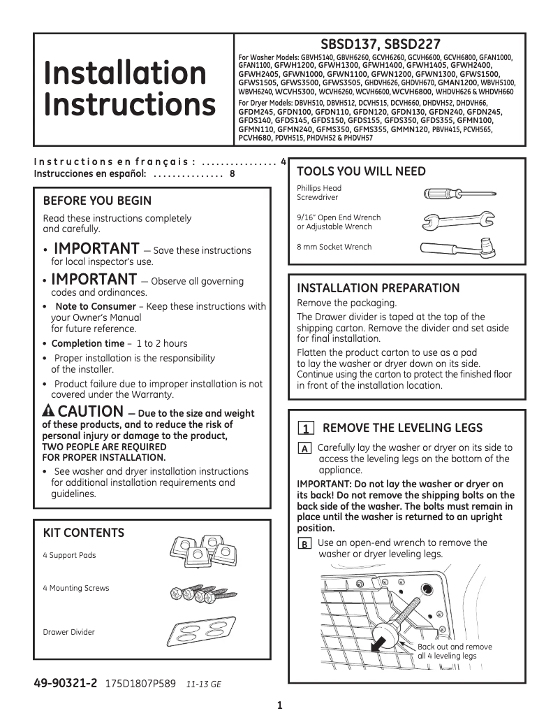 Page 1 de la notice Guide d'installation GE SBSD137HWW