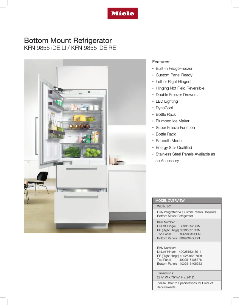 Page 1 de la notice Fiche technique Miele KFN 9855 iDE