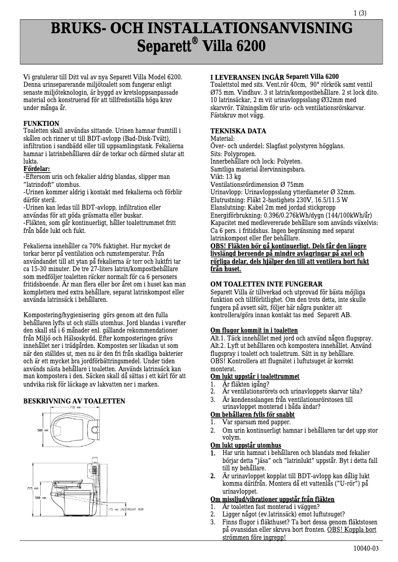 Page n°1 - Manuel utilisateur Separett Villa 6200