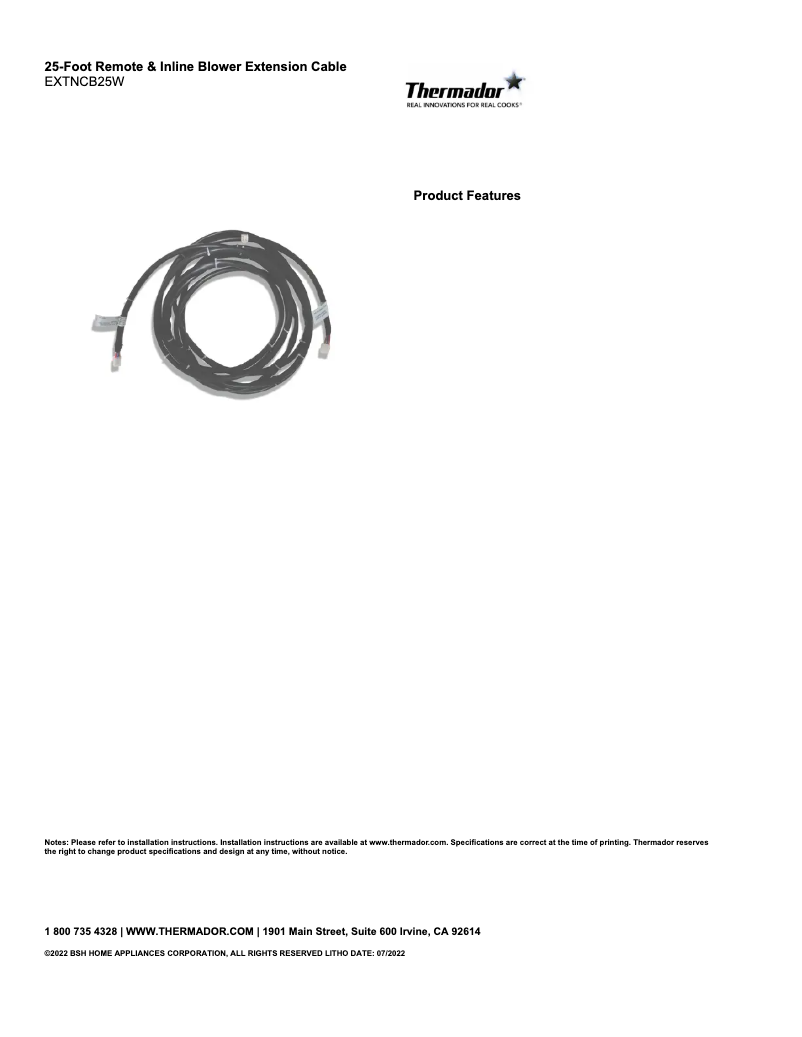 Page 1 de la notice Fiche technique Thermador EXTNCB25W