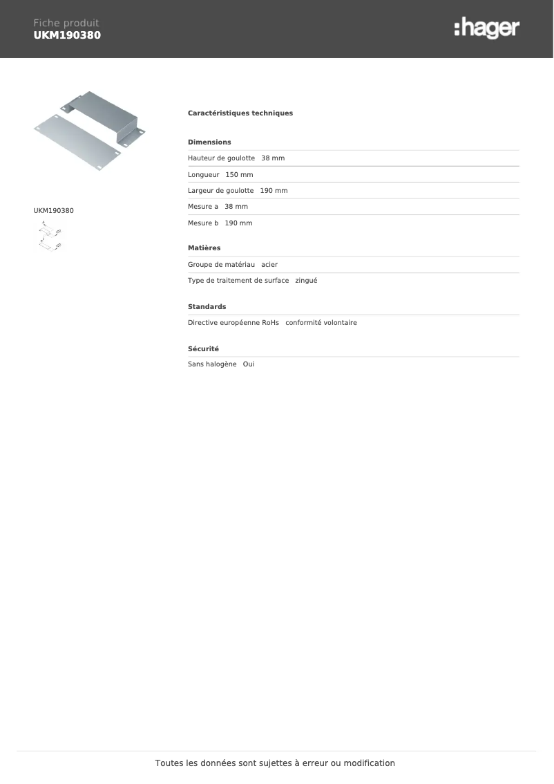 Page n°1 - Fiche technique Hager UKM190380