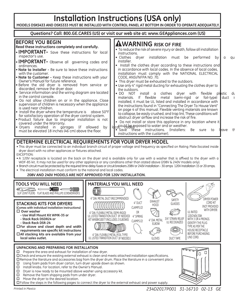 Page 1 of the manual Installation Guide GE DSKS433EBWW