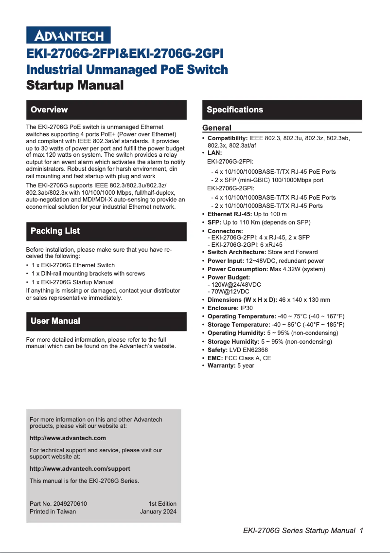 Page 1 de la notice Manuel utilisateur Advantech EKI-2706G-2FPI-A