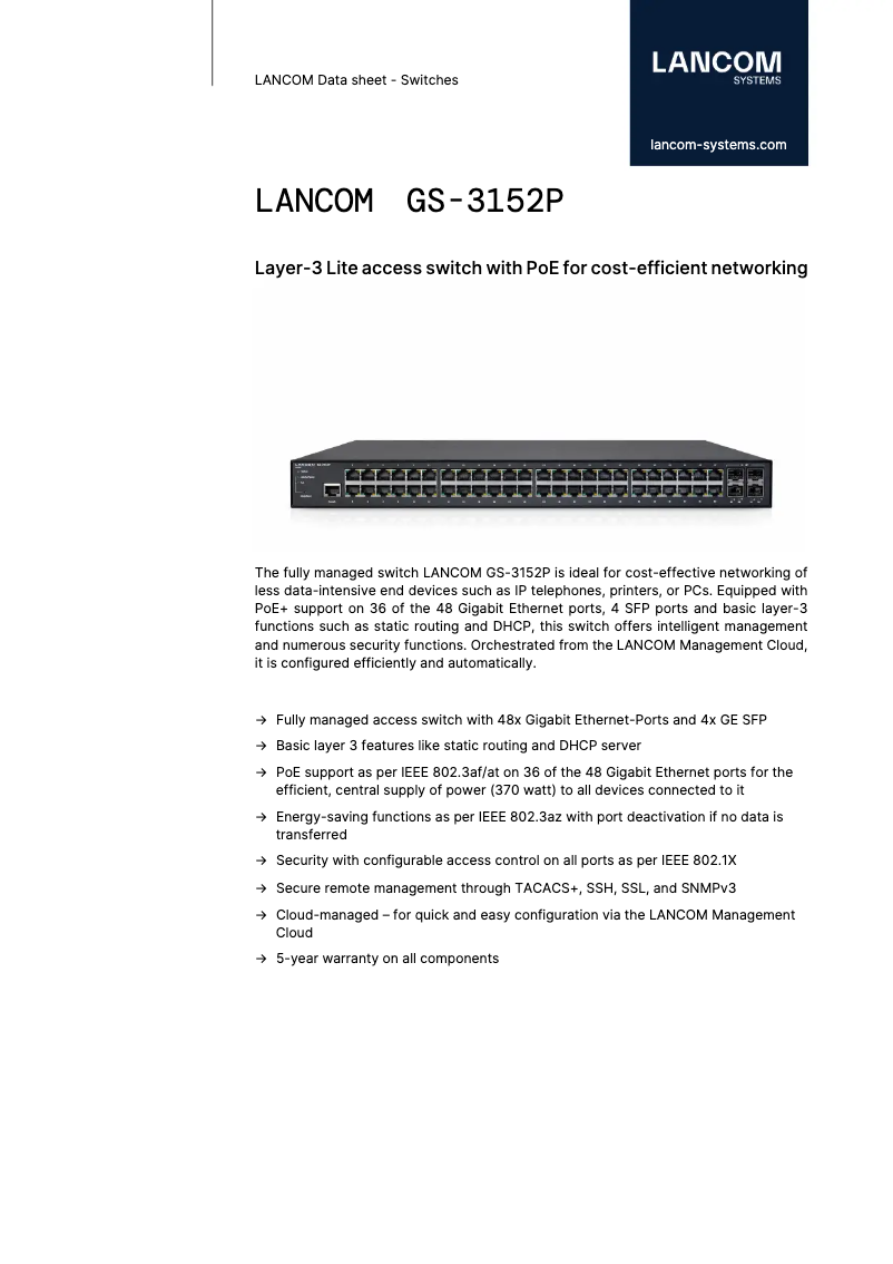 Page n°1 - Fiche technique Lancom GS-3152P