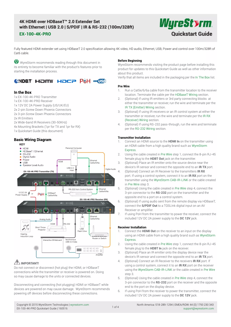 Page 1 de la notice Manuel utilisateur WyreStorm EX-100-4K-PRO