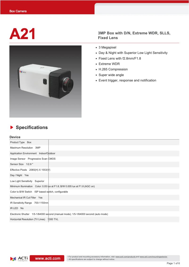 Page 1 de la notice Fiche technique ACTi A21
