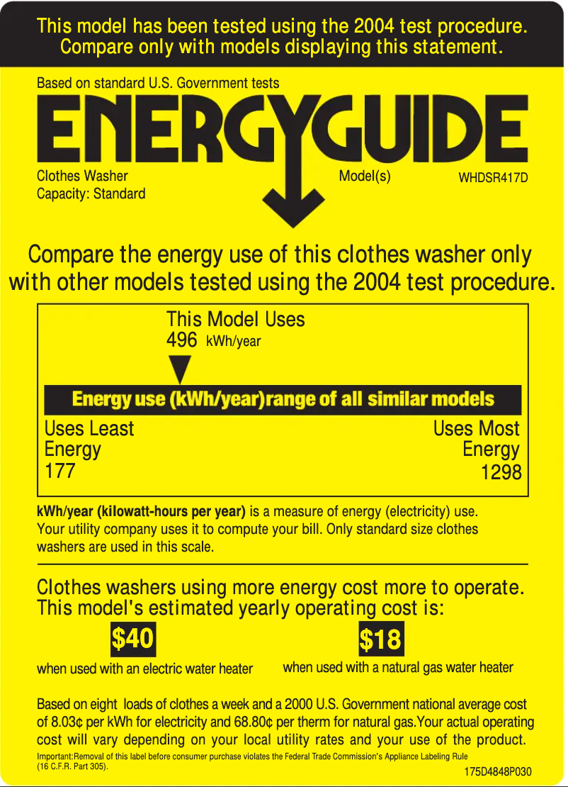 Page 1 de la notice Label énergétique GE WHDSR417DWW