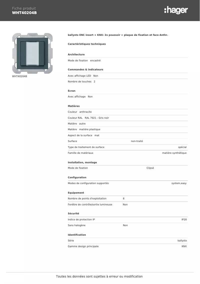 Page n°1 - Fiche technique Hager WHT40204B