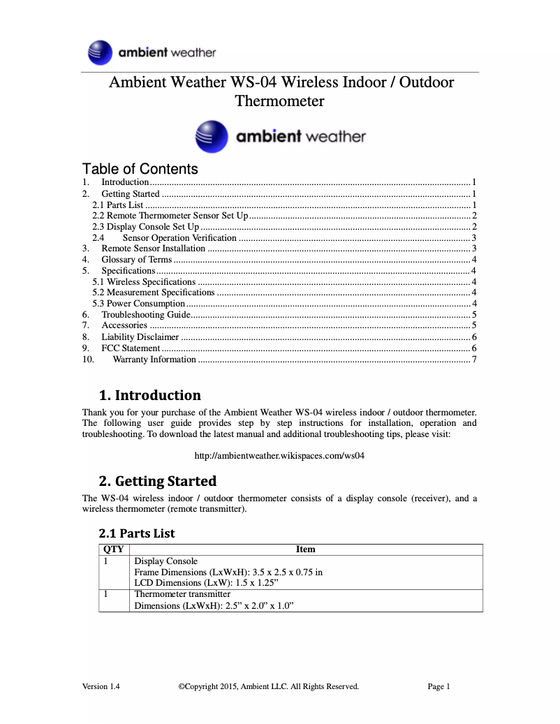 Image de la première page du manuel de l'appareil WS-04