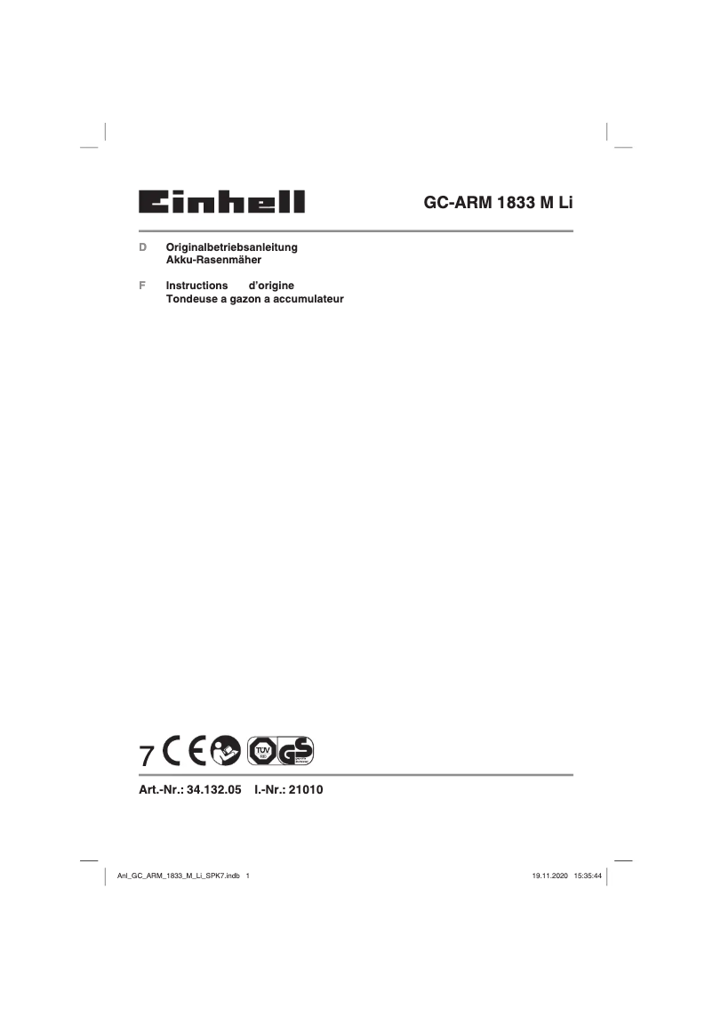 Page 1 de la notice Manuel utilisateur Einhell GC-ARM 1833 M Li
