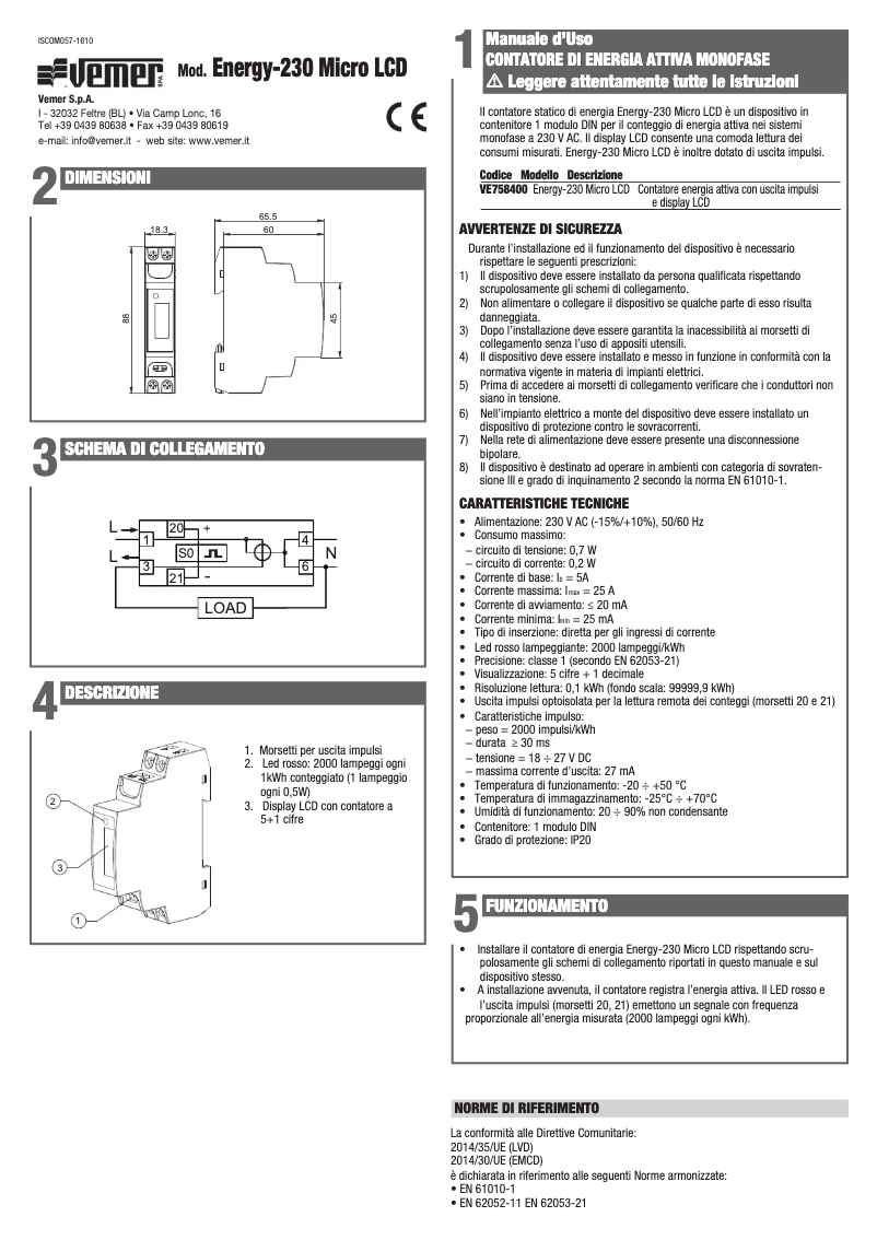 Page n°1 - Manuel utilisateur Vemer Energy-230 Micro LCD