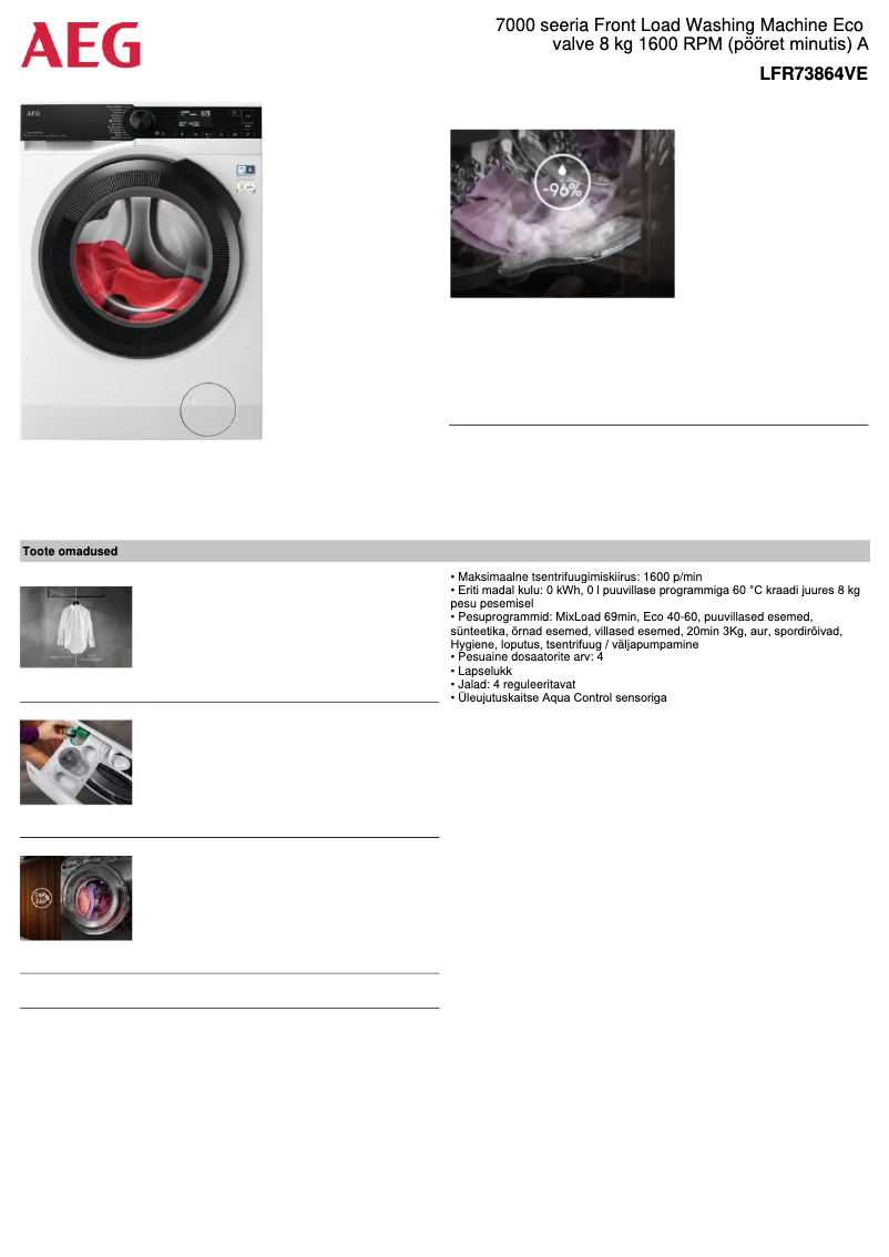 Page 1 de la notice Fiche technique AEG 7000 Series LFR73864VE