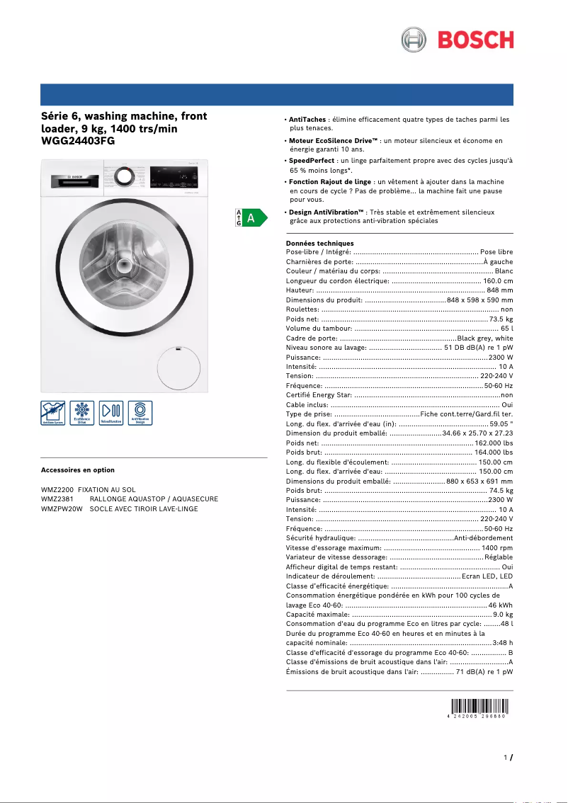 Page n°1 - Fiche technique Bosch WGG24403FG