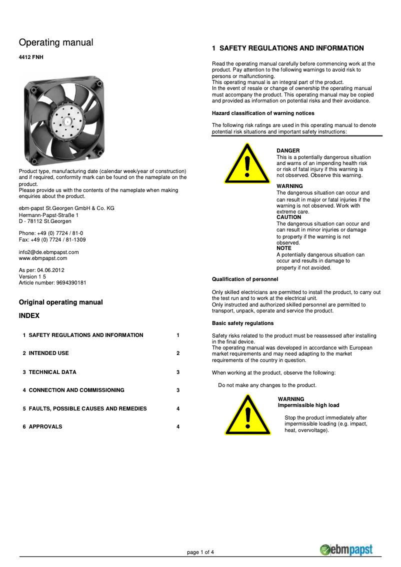 Page 1 de la notice Manuel utilisateur ebm-papst 4412 FNH