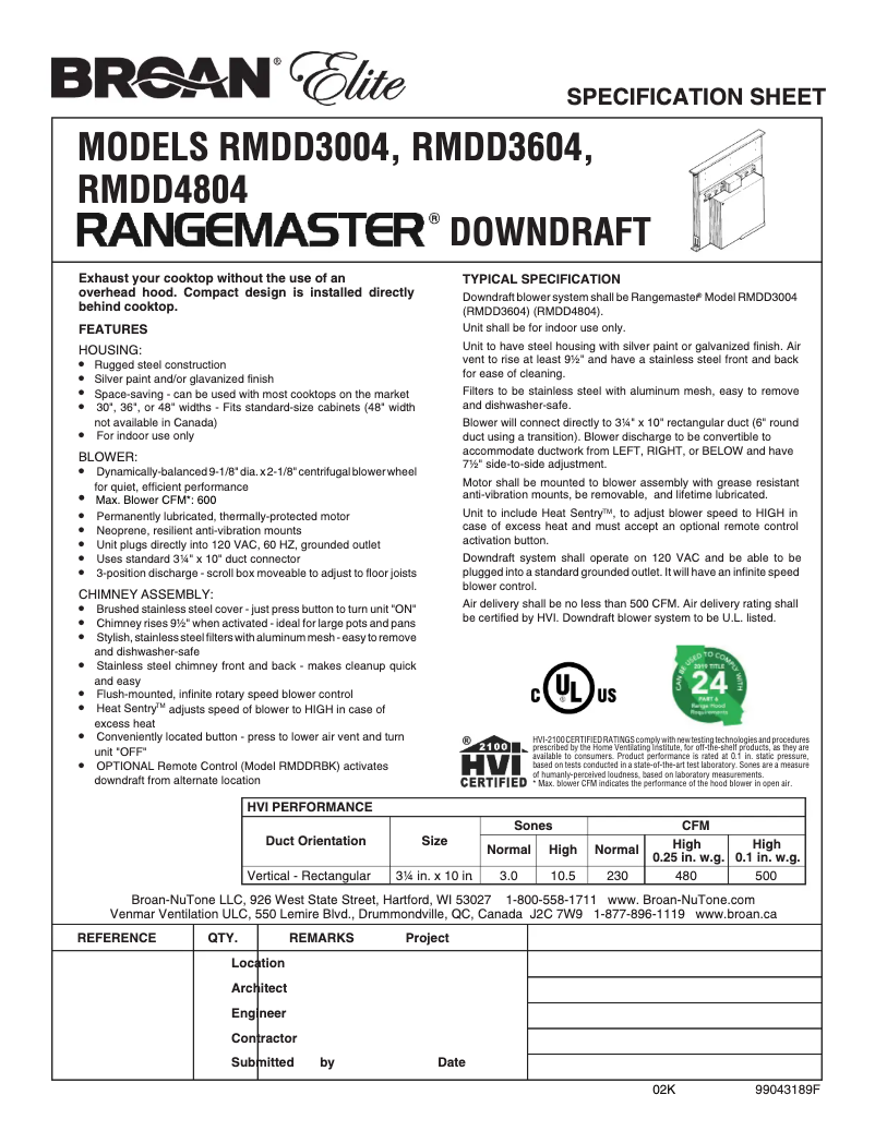 Page 1 de la notice Fiche technique Broan RMDD3604