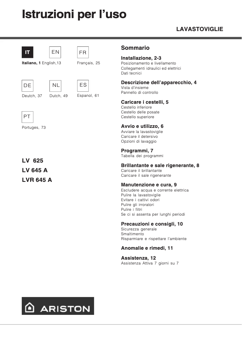 Page 1 de la notice Manuel utilisateur Ariston Thermo LV 625
