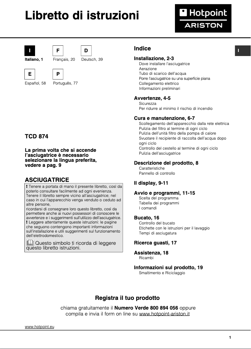 Page 1 de la notice Manuel utilisateur Hotpoint Ariston TCD 874 6H1 (EU)
