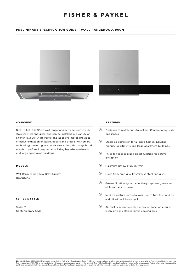 Page 1 de la notice Fiche technique Fisher & Paykel HC90BCX3